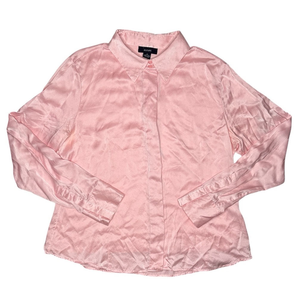 Alfani 100% Silk Light Pink Long Sleeve ButtonUp Collared Shirt Pastel Office 12